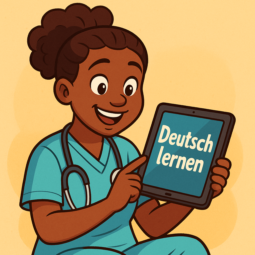 Infirmière utilisant une tablette pour apprendre l'allemand médical